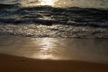 Kuzey İsrail 'de Akdeniz kıyısındaki kumsal. Çok sıcak ve kurak yazlar 