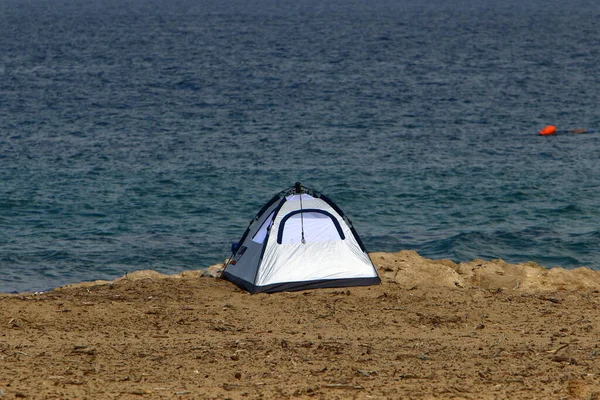 Tourist Tent Shores Mediterranean Sea North State Israel — Stock Photo, Image