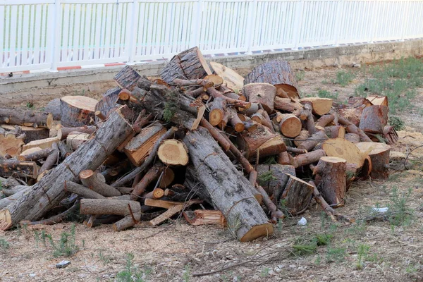 Ξύλινα Κορμούς Και Δοκάρια Πριονισμένα Για Καυσόξυλα Προετοιμασία Καυσόξυλων Για — Φωτογραφία Αρχείου