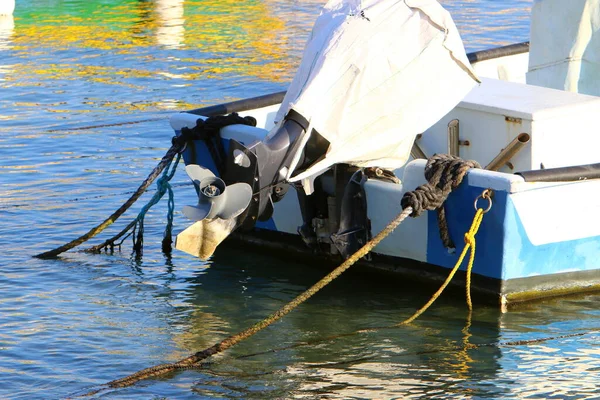 Une Hélice Sur Bateau Moteur Jetée Bateau Est Port Tel — Photo