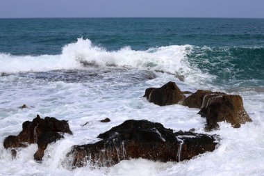 İsrail 'in kuzeyindeki Akdeniz' in kayalık kıyıları. Resmi masaya yerleştir 