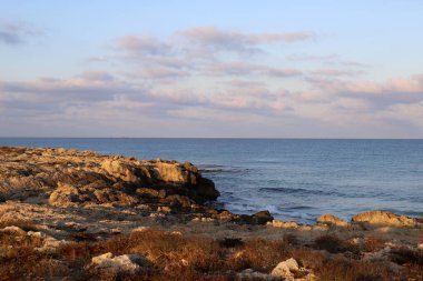 İsrail 'in kuzeyindeki Akdeniz' in kayalık kıyıları. Resmi masaya yerleştir 