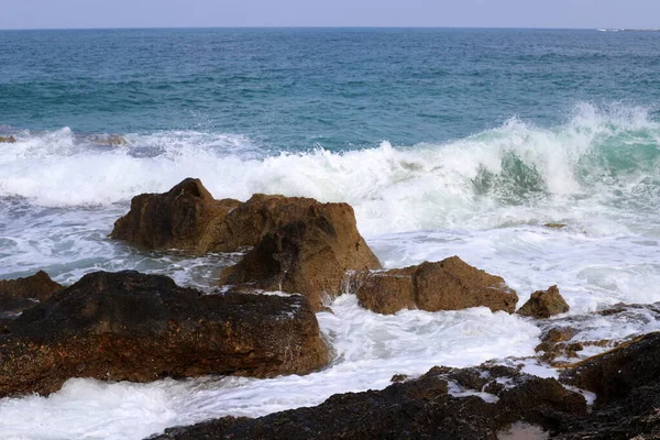 Costa Rocosa Del Mar Mediterráneo Norte Israel Stock Imagen Sobre —  Fotos de Stock