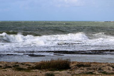 İsrail 'in kuzeyindeki Akdeniz' in kayalık kıyıları. Resmi masaya yerleştir 