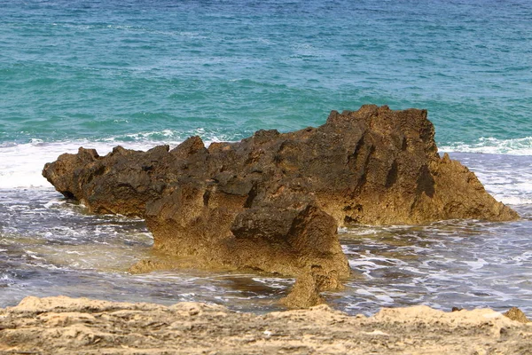 Medelhavets Klippiga Kust Norra Israel Lagerbild Bordet — Stockfoto