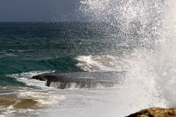 Medelhavets Klippiga Kust Norra Israel Lagerbild Bordet — Stockfoto