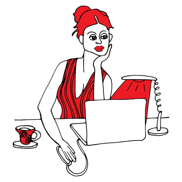 Evde çalışma alanı. Kadın bilgisayarda çalışıyor..