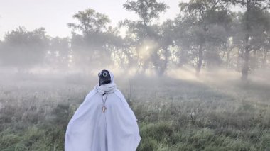 Gizemli veba doktoruyla sisli sonbahar sabahı tarlası