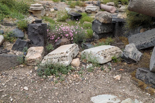 第三世纪希腊 罗马城市废墟上的专栏遗迹 第八世纪广告 Hippus Susita 在以色列加利利海域附近的戈兰高地 Kineret — 图库照片