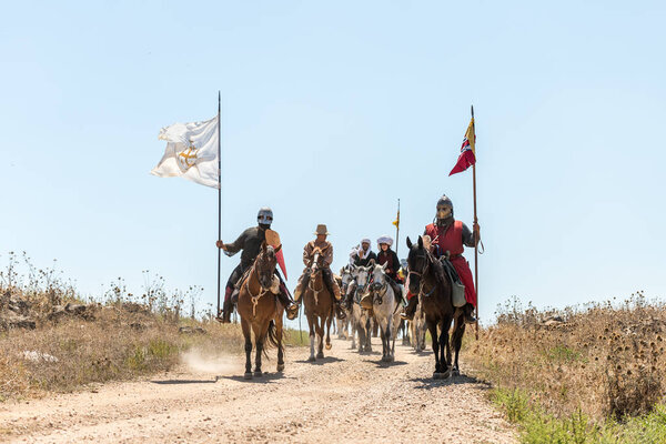Tiberias, Israel, July 07, 2018 : Reconstruction of Horns of Hattin battle in 1187. Equestrian warriors crusaders go to the battlefield.