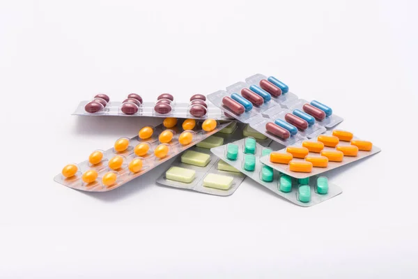 Varios Paquetes Sellados Completos Con Tabletas Píldoras Diferentes Colores Diferentes — Foto de Stock
