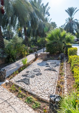 Tiberias, İsrail, 10 Eylül 2018: Mozaik taş balık Heronimos Celile Denizi - Kinneret kıyısında dağda bulunan manastır bahçesinde şeklinde