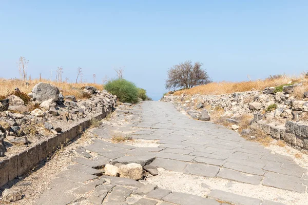 Cobbled road in the ruins of the Greek - Roman city of the 3rd century BC - the 8th century AD Hippus - Susita on the Golan Heights near the Sea of Galilee - Kineret, Israel