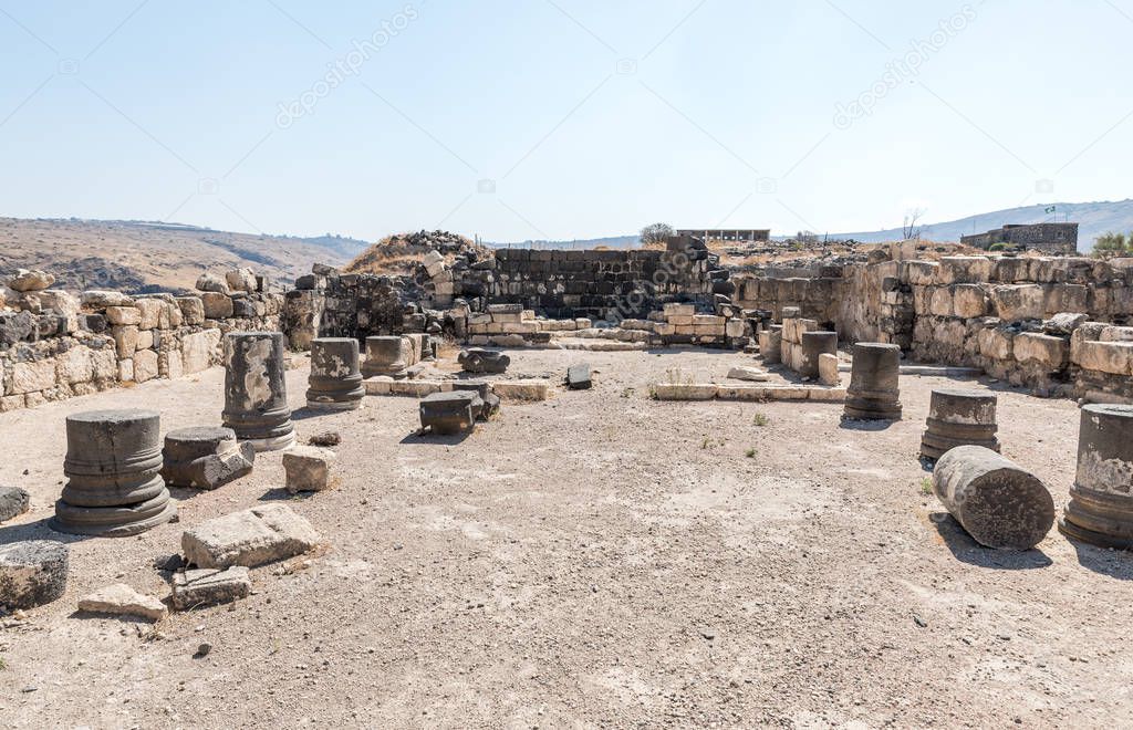 The remains of the palace hall in ruins of the Greek - Roman city of the 3rd century BC - the 8th century AD Hippus - Susita on the Golan Heights near the Sea of Galilee - Kineret, Israel
