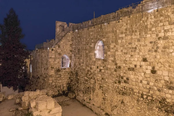 Вид Ночью Стены Старого Города Иерусалима Рядом Яффо Гате Израиль — стоковое фото
