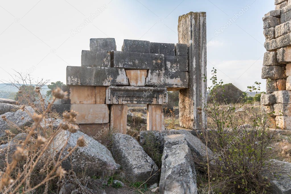 The remains of the central entrance on the ruins of the destroyed Roman temple, located in the fortified city on the territory of the Naftali tribe in Tel Kadesh in the north of Israel