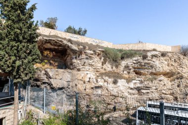 Kudüs, İsrail, 17 Kasım 2018: Arap mezarlığı Bald Mountain - Calvary üzerinde. Bahçe Mezar Doğu Kudüs, İsrail'de bulunan Kudüs'ten görüntülemek
