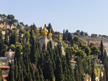 Kudüs, İsrail, 17 Kasım 2018: Kilise, Mary Magdalene. 19. yüzyıldan kalma, Rus Ortodoks Kilisesi altın cupolas ve Sergei Ivanov tarafından duvar resimleri ile. Jerusalem, İsrail