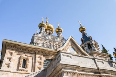 Kudüs, İsrail, 17 Kasım 2018: Ana cephesi ile altın kubbeler, kilise Mary Magdalene Kudüs, İsrail