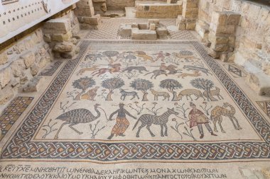 Madaba, Ürdün, 05 Aralık 2018: Memorial Kilisesi Musa'nın Mount Nebo üzerinde yerde Jordan Madaba şehir yakınındaki restore edilmiş antik mozaik parçası