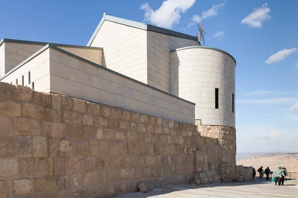 Madaba, Jordan, December 05, 2018 : Building of Memorial Church of Moses on Mount Nebo near the city of Madaba in Jordan
