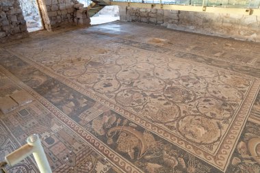 Madaba, Ürdün, 05 Aralık 2018: Arkeolojik kalıntıları evleri ve mozaik kaplı üzerinde tarihsel olarak um ar-Rasas Madaba city Ürdün yakınındaki site