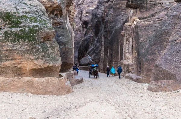 Wadi Musa Giordania Dicembre 2018 Numerosi Turisti Passeggiano Lungo Canyon — Foto Stock