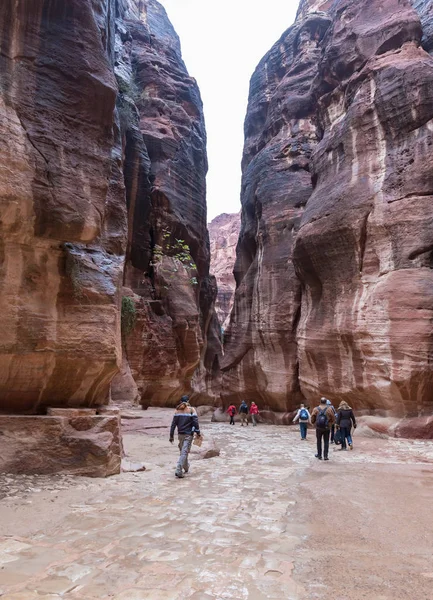 Wadi Musa Jordanië December 2018 Talrijke Toeristen Lopen Langs Canyon — Stockfoto