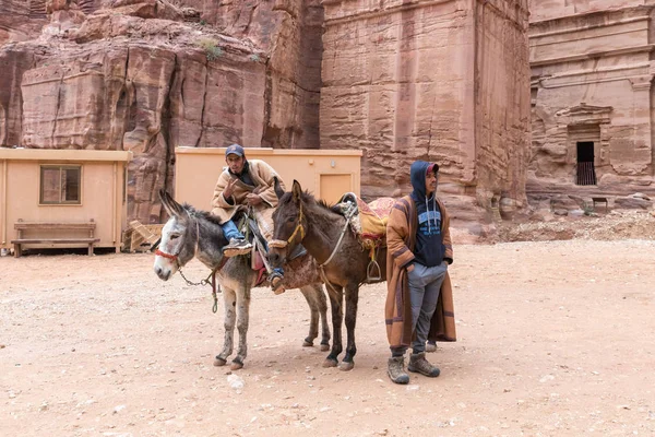 Wadi Musa Giordania Dicembre 2018 Beduini Con Loro Asini Cavallo — Foto Stock