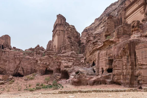 Wadi Musa Jordánia December 2018 Ban Mesterséges Homlokzata Templom Faragott — Stock Fotó