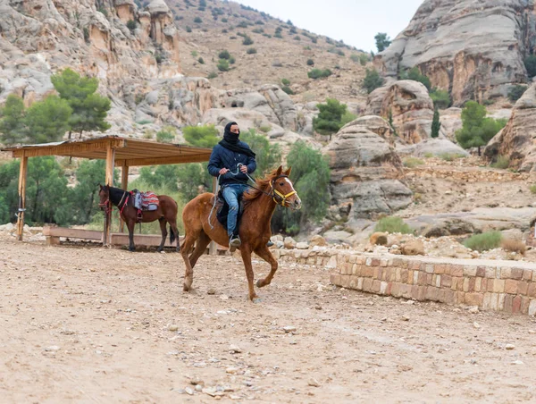 Wadi Musa, Ürdün, 06 Aralık 2018: Bedevi önde gelen Petra - Ürdün Wadi Musa şehirde Nabatean krallığının başkenti yol boyunca bir Arap atı at binme