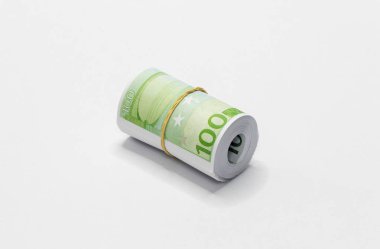 Bir grup Avrupa Euro, 100 Euro notlar banknottan yerleştirilmiştir ve beyaz bir arka plan üzerinde izole basit bir lastik bant ile birlikte düzenlenen.