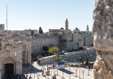  Surlar ve kule David eski şehir Kudüs'ün İsrail Jaffa Gate yakınındaki parçası