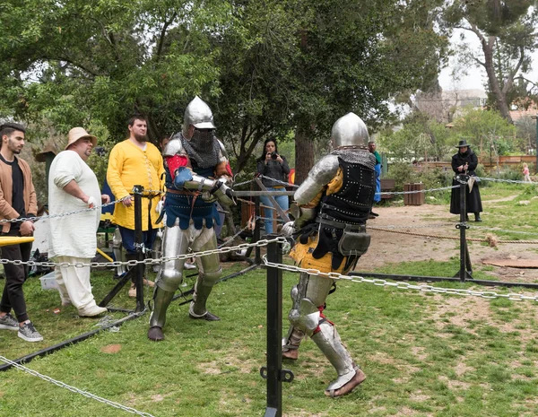 在以色列耶路撒冷的普林国王节上, 两个拿着剑的骑士在拳击场上打架 — 图库照片