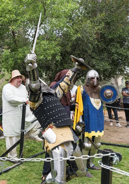 Knight celebra a vitória em um duelo no festival Purim com o Rei Arthur na cidade de Jerusalém, Israel — Fotografia de Stock