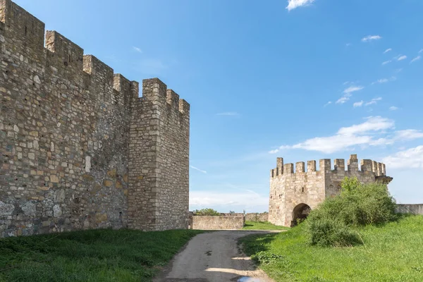 De overblijfselen van de Vestingmuur en de buitenste klokkentoren in de ruïnes van de vesting Smederevo, staande op de oevers van de Donau in het stadje Smederevo in Servië. — Stockfoto