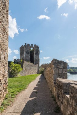 Sırbistan'ın Smederevo kasabasında Tuna Nehri kıyısında duran Smederevo kalesinin kalıntılarındaki kale duvarının yanındaki geçit.