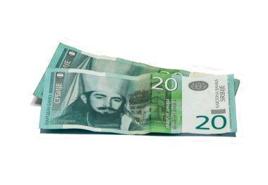 Karadağ hükümdarı Peter Ii Petrovich'in beyaz arka plan üzerinde izole edilmiş portresiile 20 Sırp Dinarı değerinde iki banknot