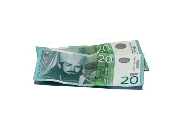 Två sedlar värda 20 serbiska dinarer med ett porträtt av härskare Montenegros Peter II Petrovitj isolerade på en vit bakgrund — Stockfoto