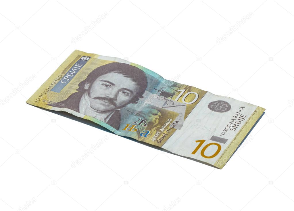 One banknote worth 10 Serbian Dinars with a portrait of a Linguist Vuk Karadzic isolated on a white background