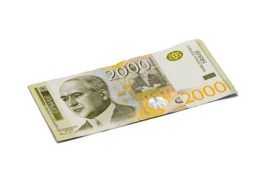 Beyaz bir arka plan üzerinde izole edilmiş iklim bilimci Milutin Milankoviç'in portresinin yer verdiği 2000 Sırp Dinarı değerinde bir banknot