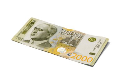 Beyaz bir arka plan üzerinde izole edilmiş iklim bilimci Milutin Milankoviç'in portresinin yer verdiği 2000 Sırp Dinarı değerinde bir banknot