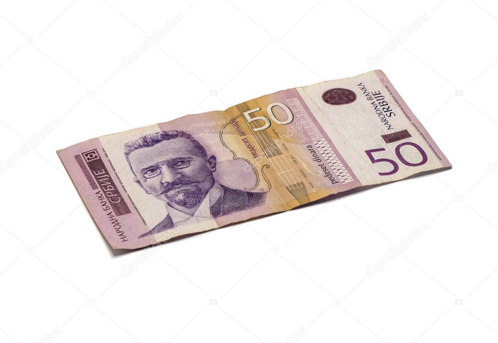 One banknote worth 50 Serbian Dinars with a portrait of violinist Stevan Mokranyats isolated on a white background