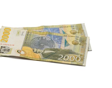 Beyaz bir arka plan üzerinde izole edilmiş iklim bilimci Milutin Milankoviç'in portresiile 2000 Sırp Dinarı değerinde iki banknot