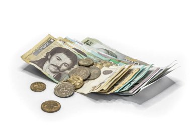 Sırp Dinarı'nda farklı değerde, Sırp Dinarı'nda beyaz bir arka plan üzerinde izole edilmiş farklı sikkelere sahip, farklı değerde banknot yığını