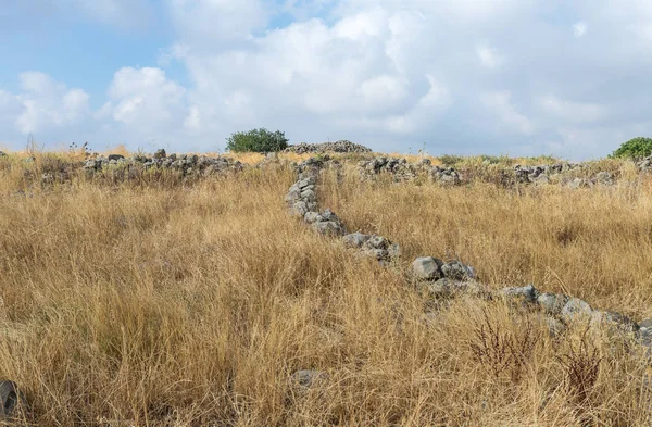 Resterna av megalitiska komplexet av tidiga bronsåldern hjul sprit (Rujum Al-Hiri Gilgal Rephaeem) på Golanhöjderna i Israel — Stockfoto