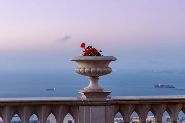 İsrail'in Hayfa şehrindeki Bahai Bahçesi'nin üst terasında balkon korkuluklarında sardunyalı dekoratif tencerenin gün batımı görünümü