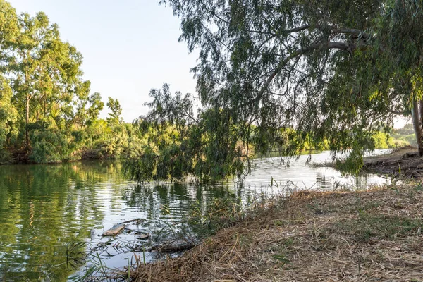 Kuzey İsrail'de Kfar Vitkin yakınlarındaki Alexander Nehri üzerinde batan güneşin ışınlarıpanoramik görünümü