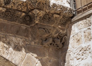 Remains of vintage wall decorations of the Church of the Holy Sepulchre in the Old City in Jerusalem, Israel