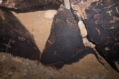 Avdat kalesi yakınında güney İsrail'de çölde ilkel bir adam tarafından taşa oyulmuş bir çizim gece görünümü